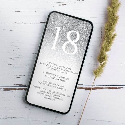 Elektroniczne Zaproszenia na 18 Urodziny (e-zaproszenia) ze srebrnym brokatowym motywem - Silver Touch 